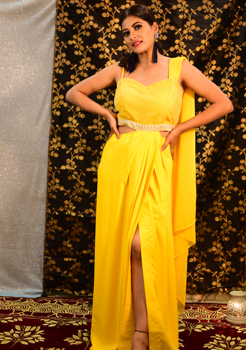 Yellow Maxi Dress with attached dupatta 03